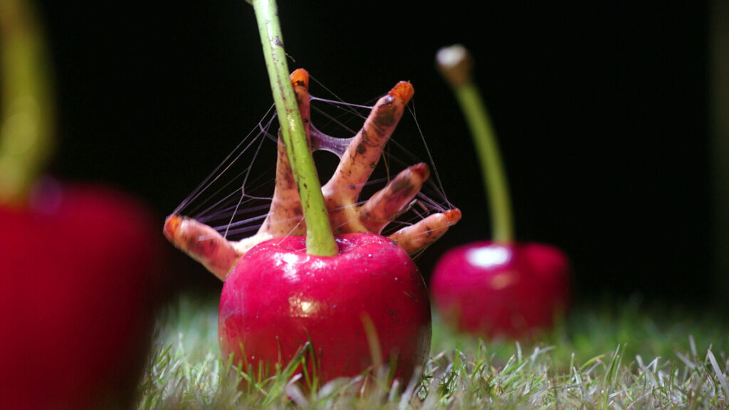Under the cherries